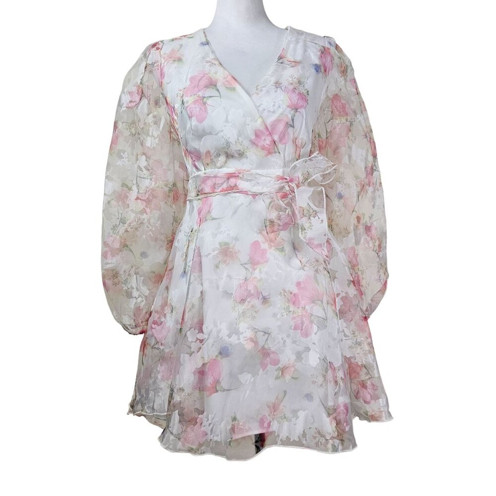 Allison Kelly Floral Burnout Organza Dress‎ S Sheer Sleeve Tie Waist Soft Easter